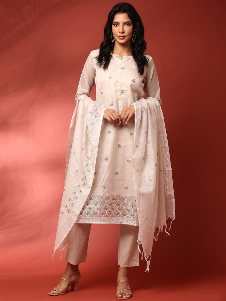 Beige chanderi thread work embroidery three piece suit set