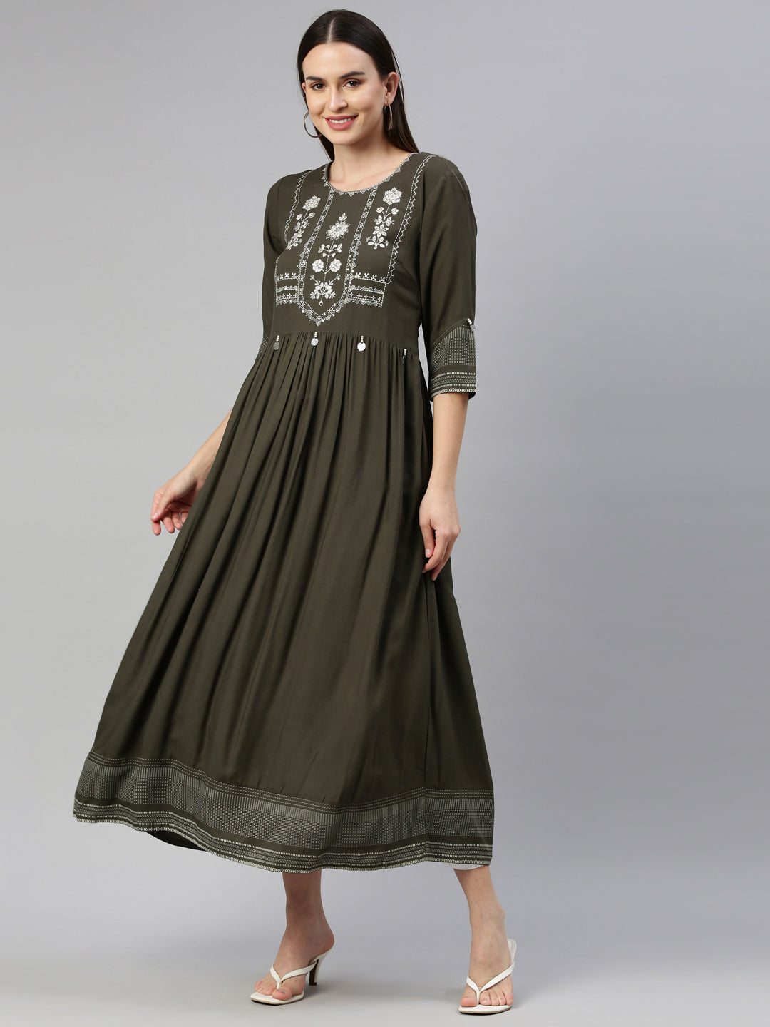 Neerus Green thread embroidered anarkali kurta - detail view 2