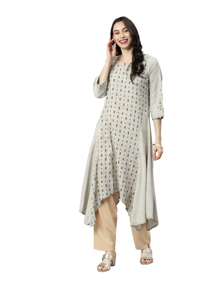 Neerus Women Grey Ethnic Motifs Printed Keyhole Neck Kurta