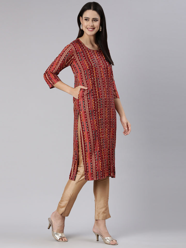 Neerus Maroon Regular Straight Chevron Kurtas