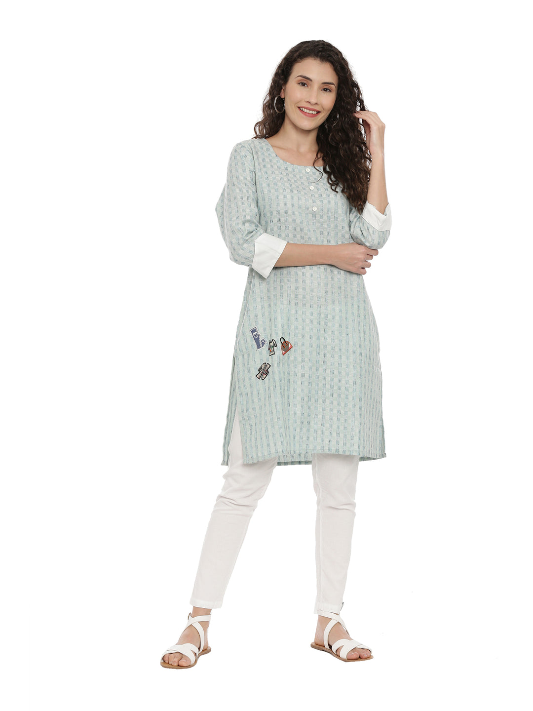 Neerus Green cotton printed straight kurta - detail view 2