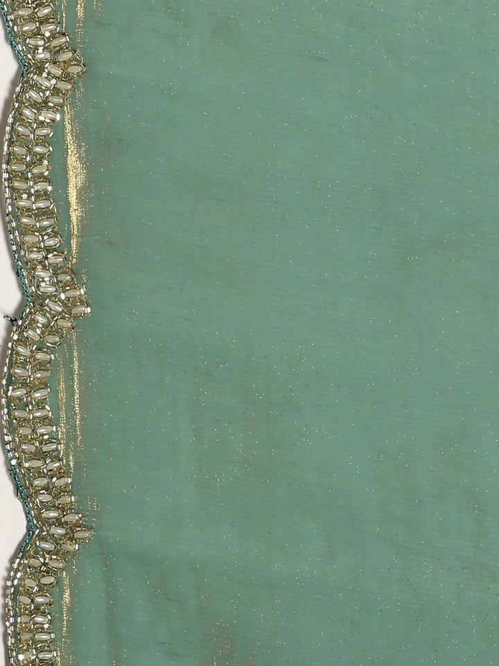 Green & gold Jimmy tissue saree with hand embroidery with ready made blouse