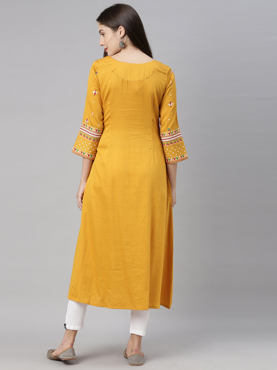 Neerus Women Mustard Floral Embroidered Kurta