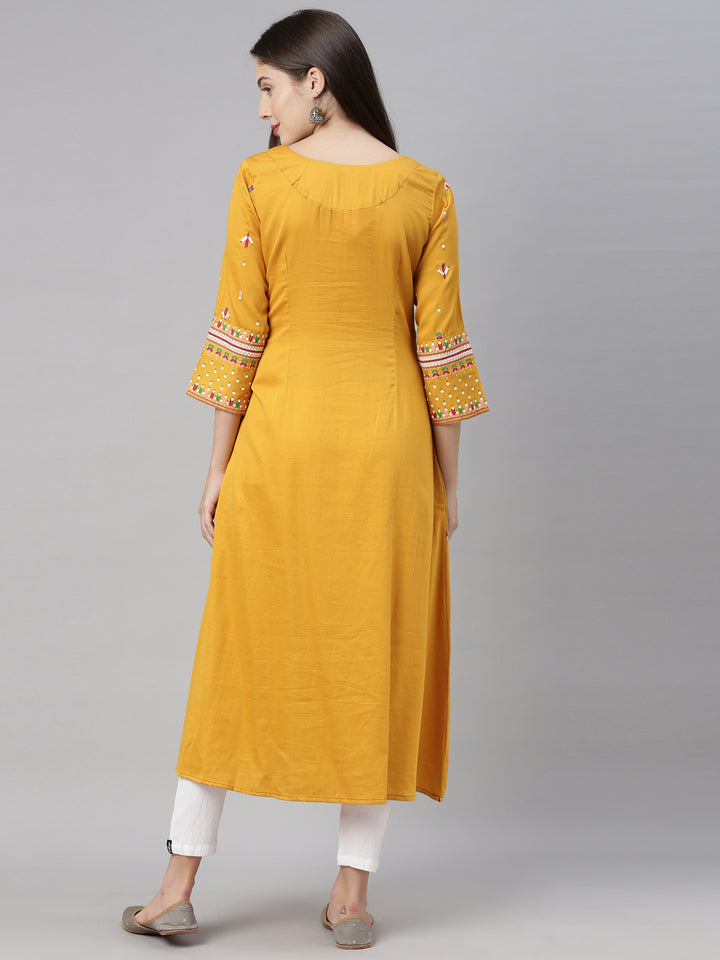 Neerus Women Mustard Floral Embroidered Kurta