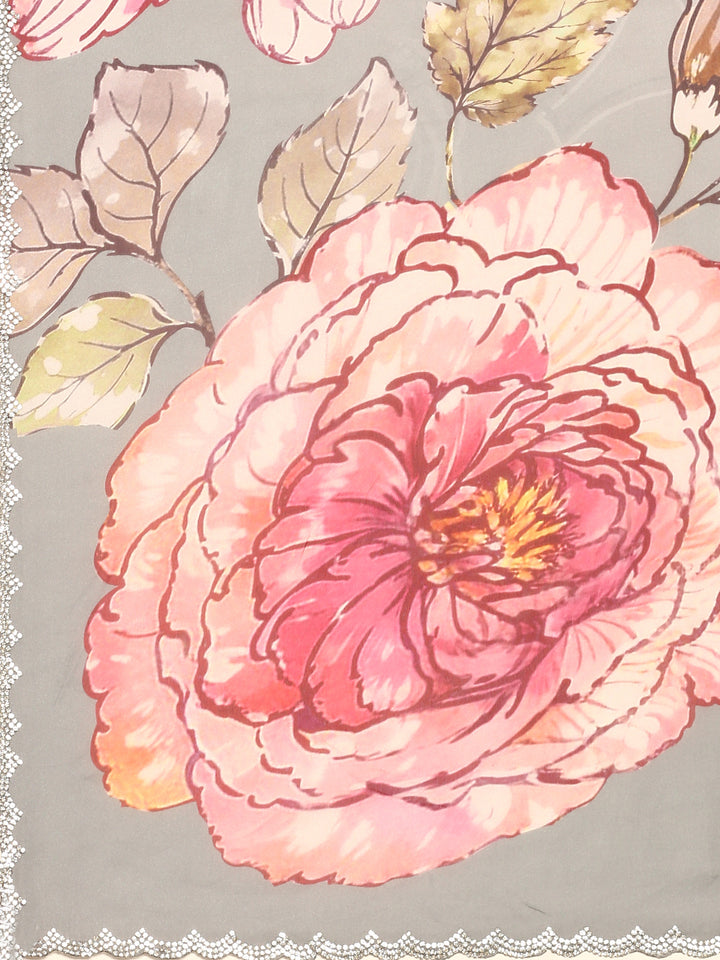 Great Satin Floral Printed Saree With Swarovski Embroidery