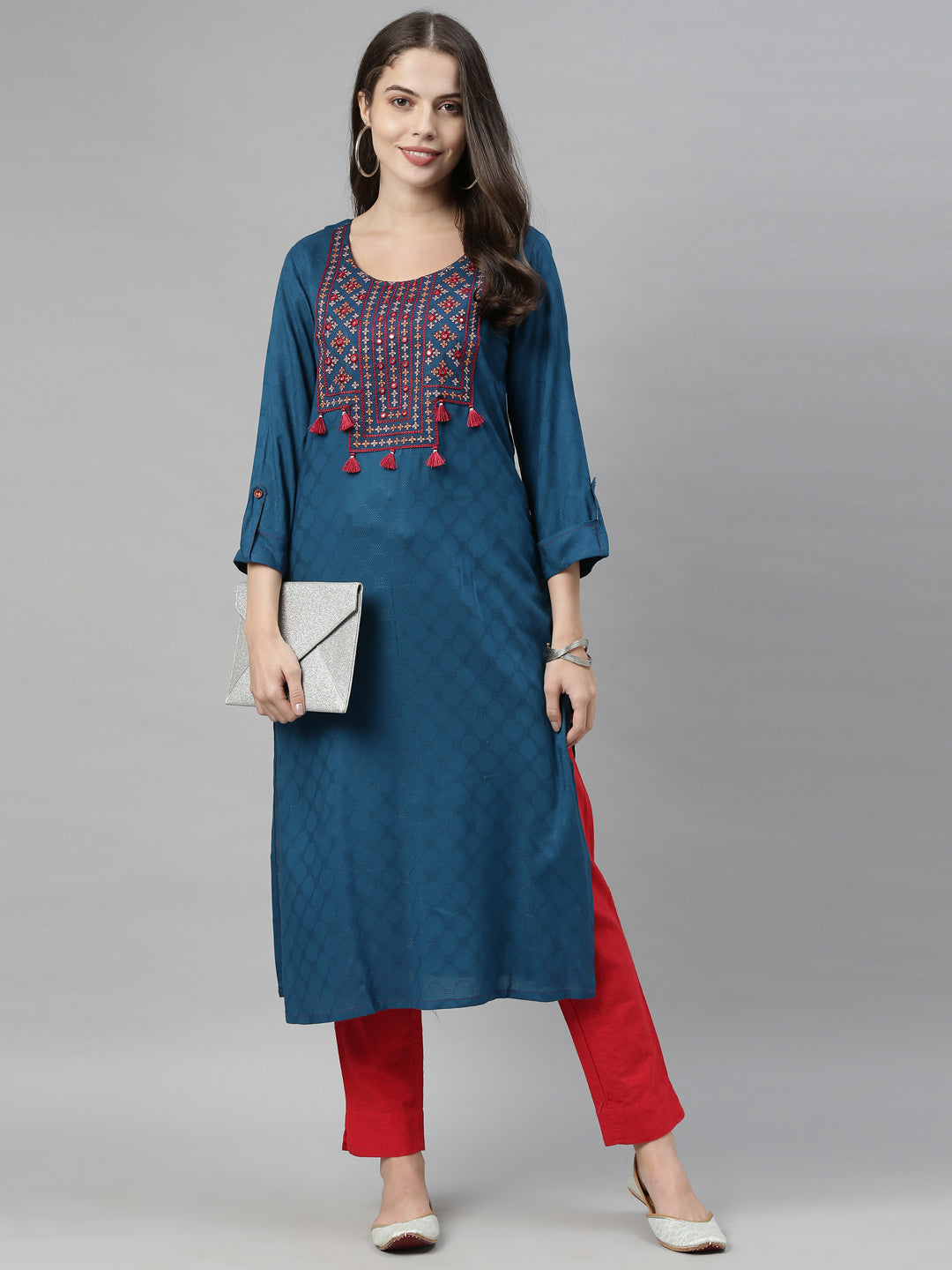 Neerus Blue mirror work straight kurta ethnic yoke design - detail view 2
