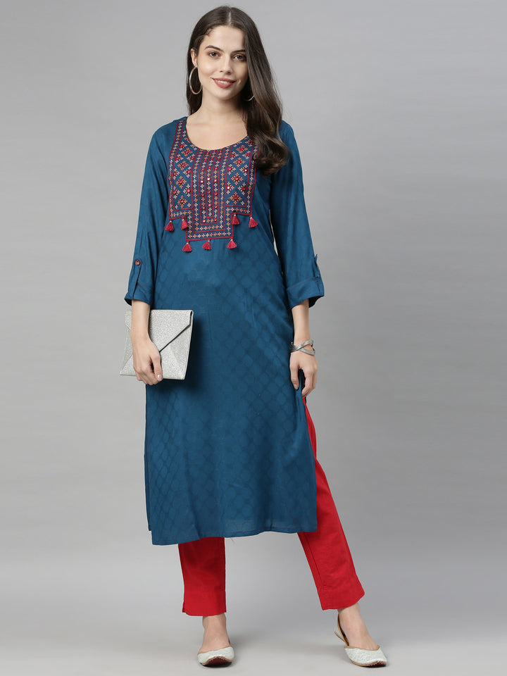 Neerus Blue mirror work straight kurta ethnic yoke design - detail view 2