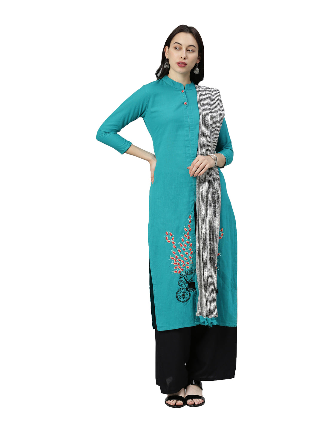 Neerus Women Sea Green  Black Solid Straight Kurta