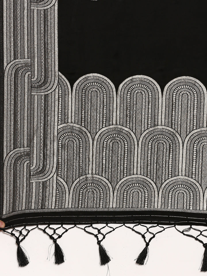 Black Banaras Silk Saree With Silver Zari Motifs & Border