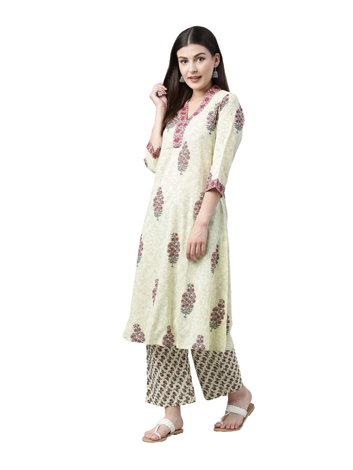 Neerus Women Green  Maroon Printed Kurta with Trousers