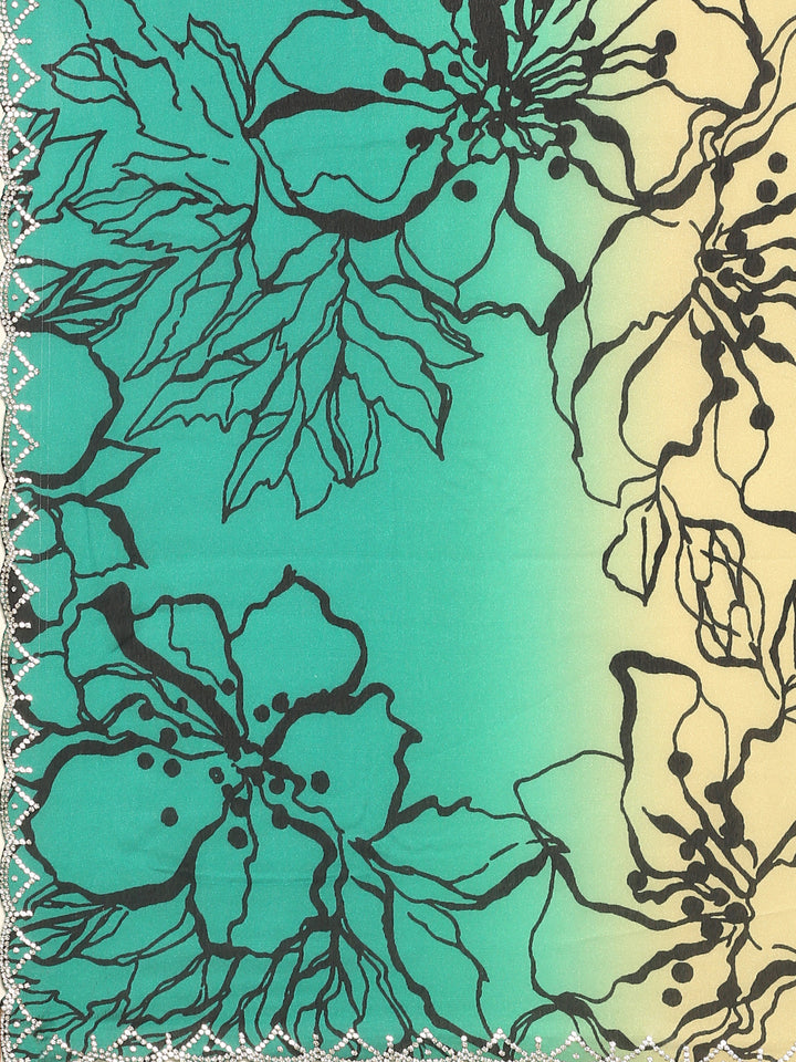 Green Satin printed saree with Swarovski embroidery