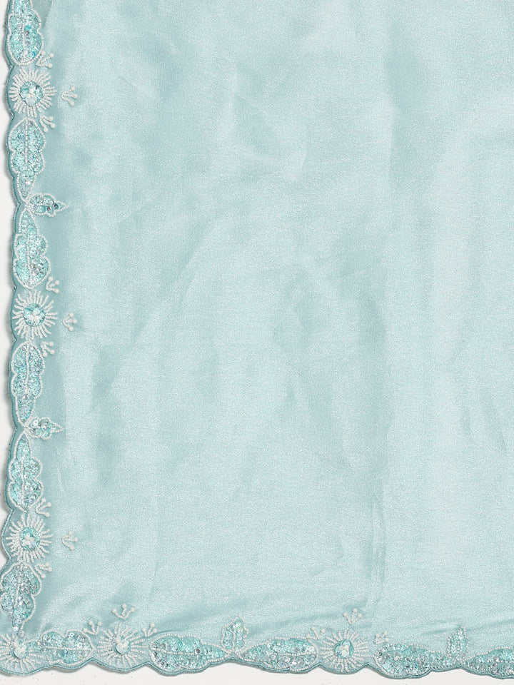 Blue Jimmy satin tissue saree work pearls & sequins embroidery with ready made blouse