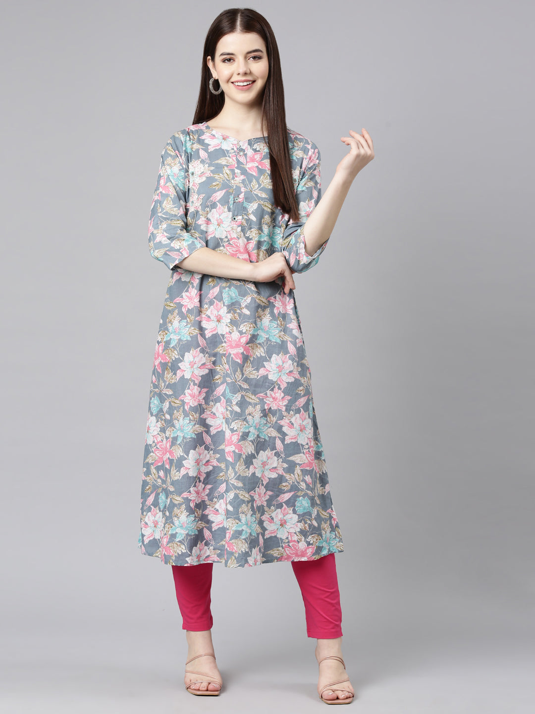Neerus Grey printed floral straight kurta - detail view 4