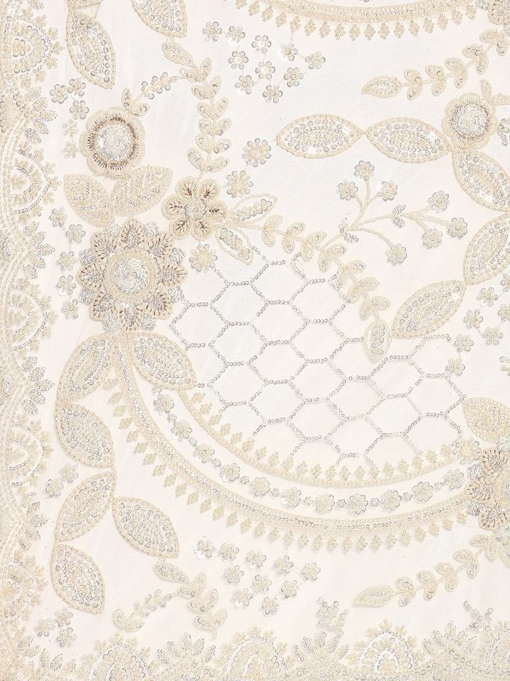Cream net saree with pearl and sequins hand embroidery with scallop border
