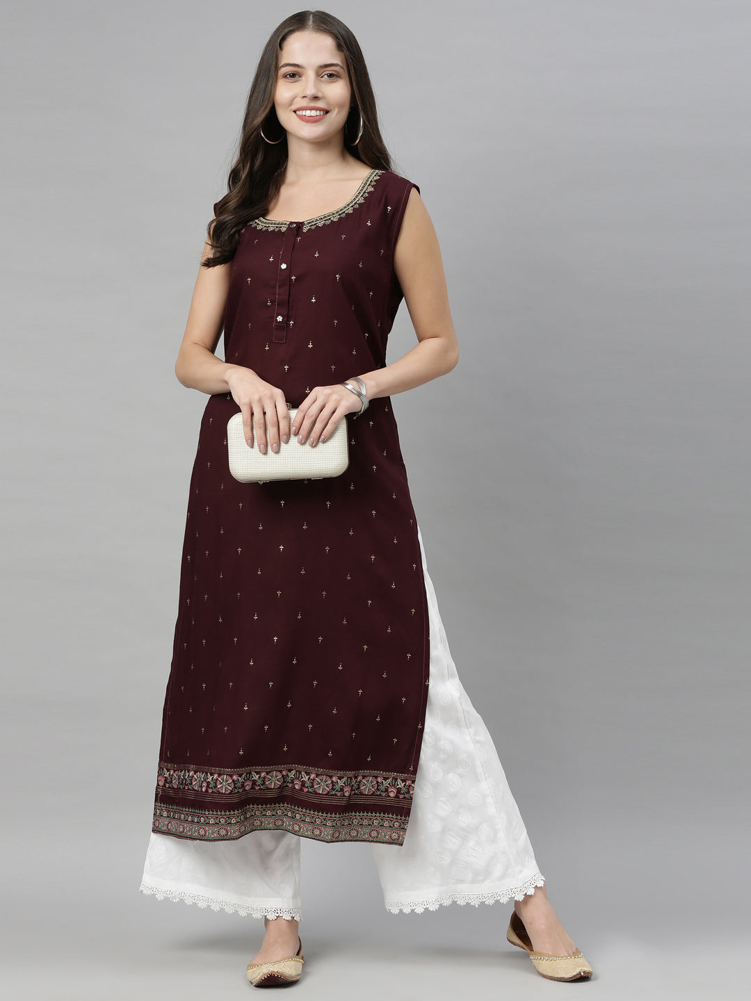 Neerus Brown ethnic printed straight kurta - detail view 2
