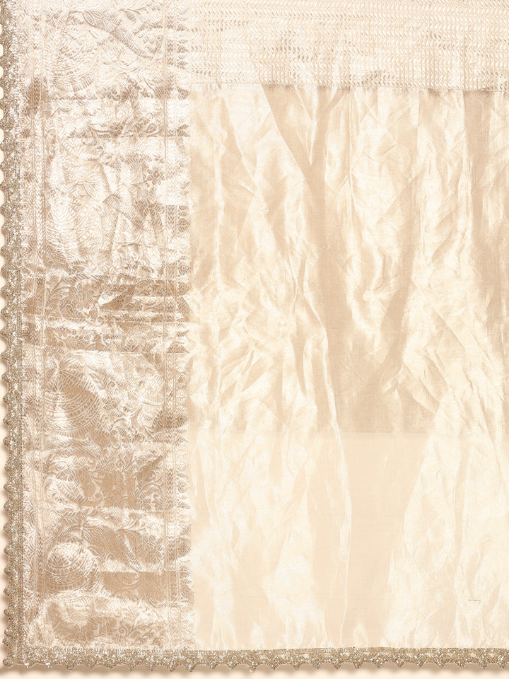 Silver Tissue Zari Saree With Hand Embroidery And Heavy Ready Made Blouse