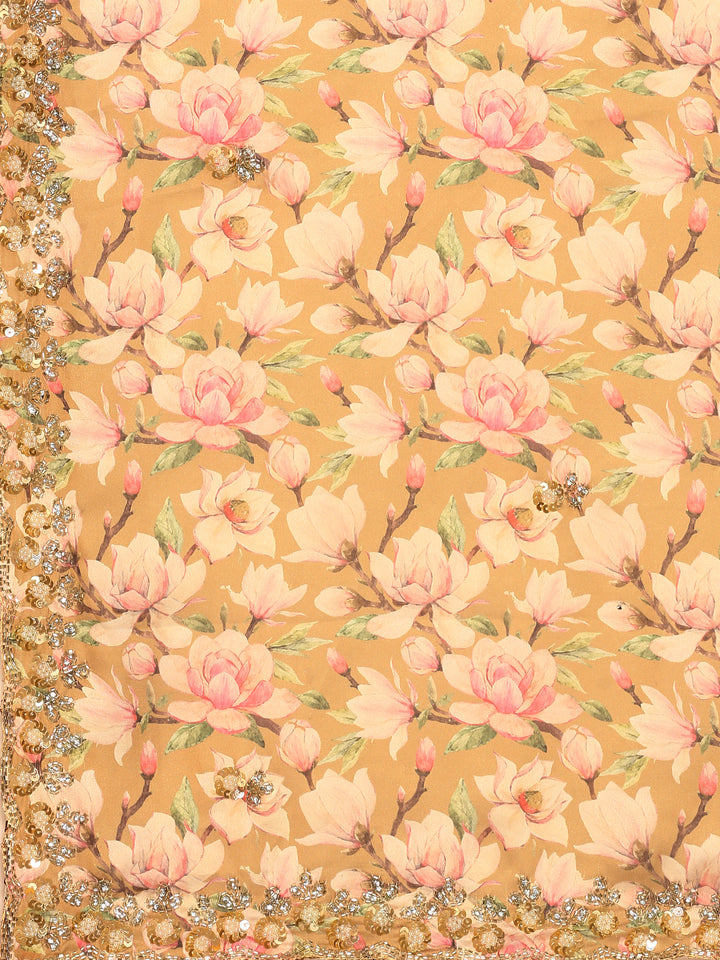 Yellow Floral Printed Satin Saree With Pearls & Sequins Embroidery With Heavy Readymade Blouse