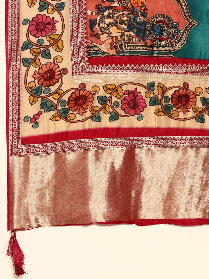 Green Banaras Silk Saree With Kalamkari Printed Border