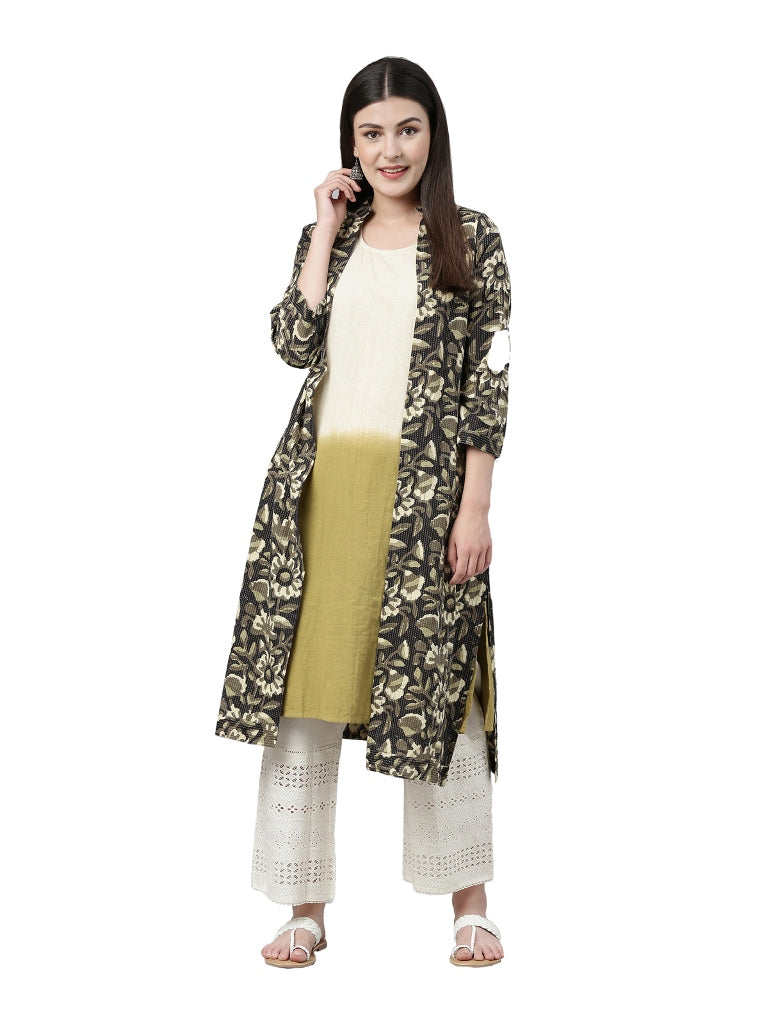 Neerus Multi Color Cotton Fabric Solid Kurta With Floral Coat