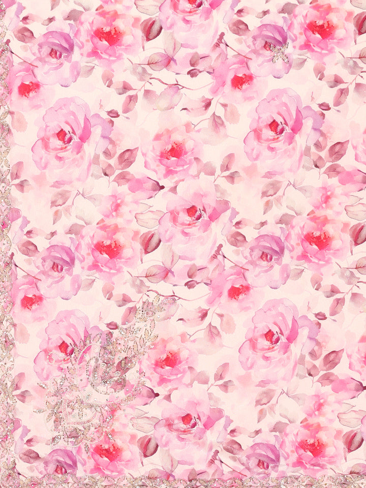 Pink floral printed satin saree with pearls & sequins embroidery with heavy ready made blouse