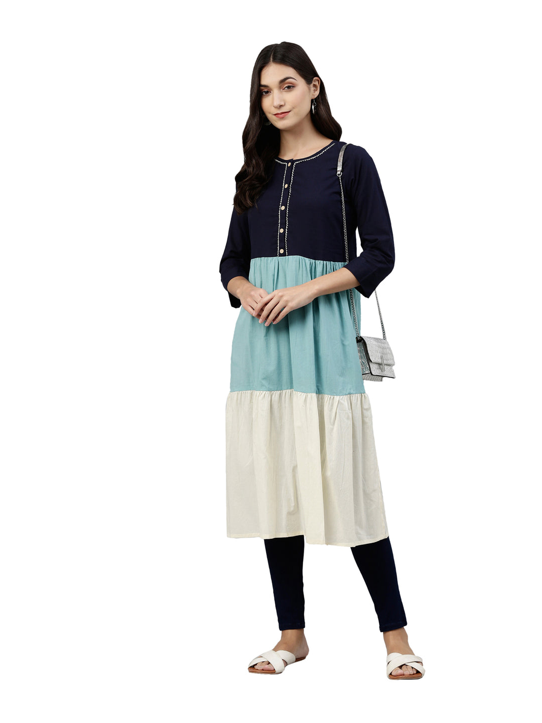 Neerus Blue rayon tiered kurti - detail view 2