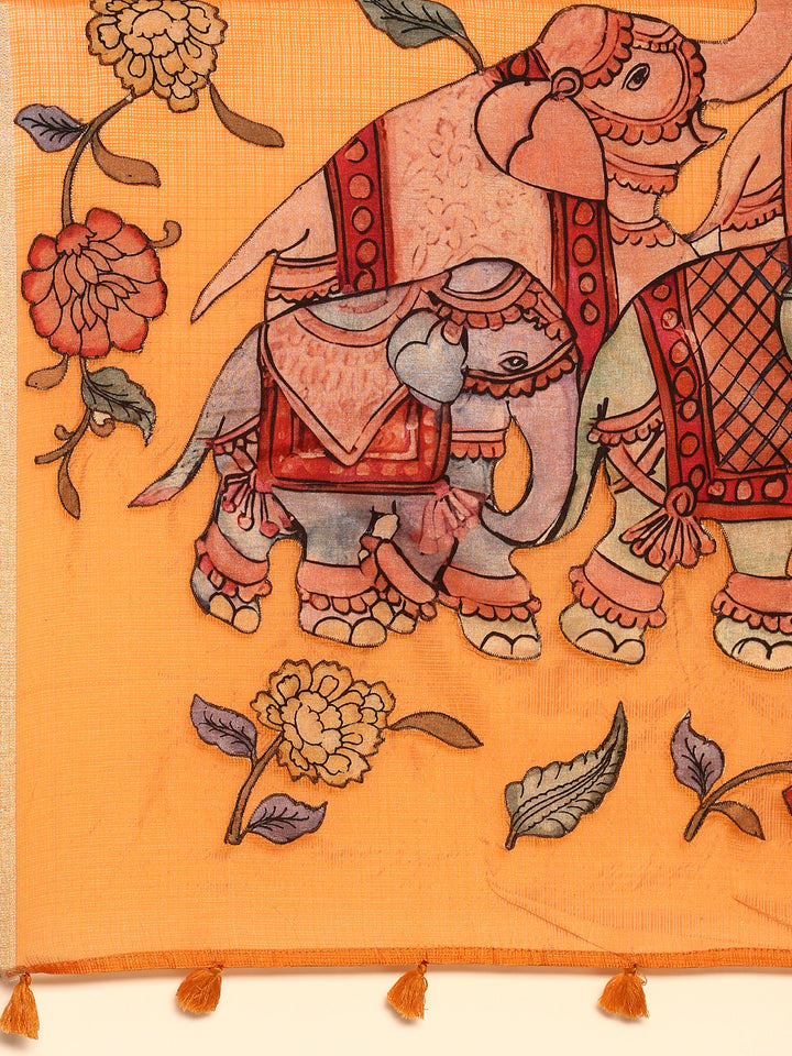 Mustard Kota Saree With Kalamkari Appliqué Work On Pallu