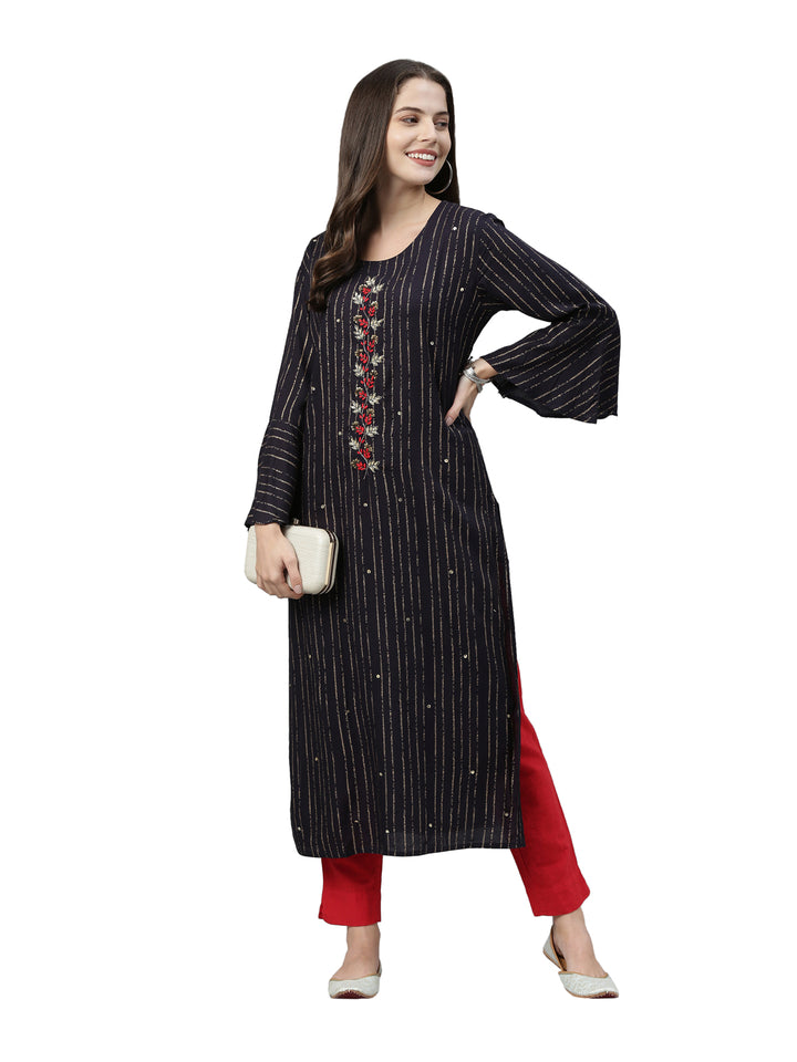 Neerus Women Navy Blue Striped Bell Sleeves Kurta