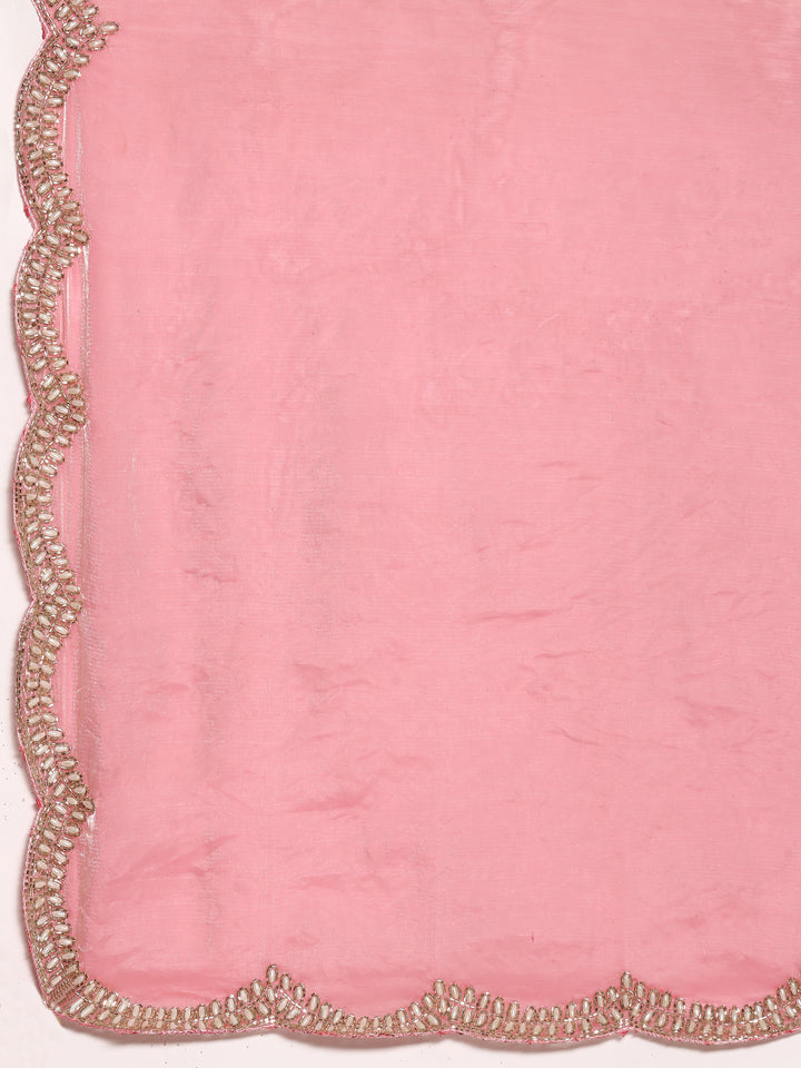 Pink Jimmy tissue saree with pearl & cut Dana embroidery with ready made blouse