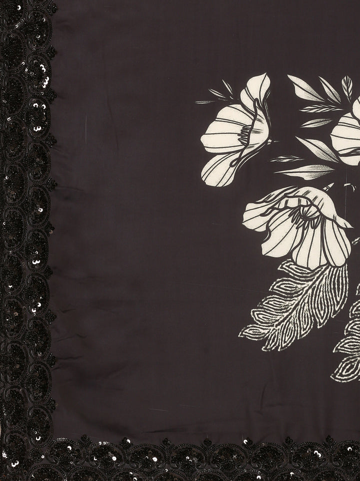 Black & White Satin Printed Saree With Hand Embroidery & Readymade Blouse