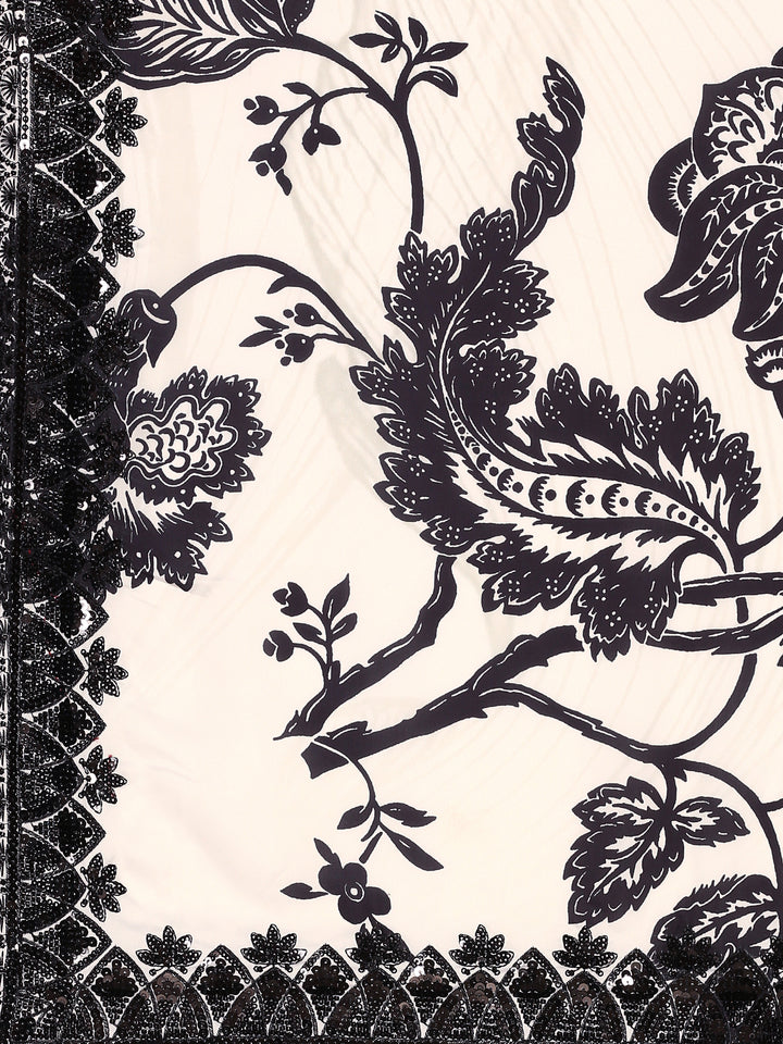 Black & white satin printed saree with hand embroidery & ready made blouse