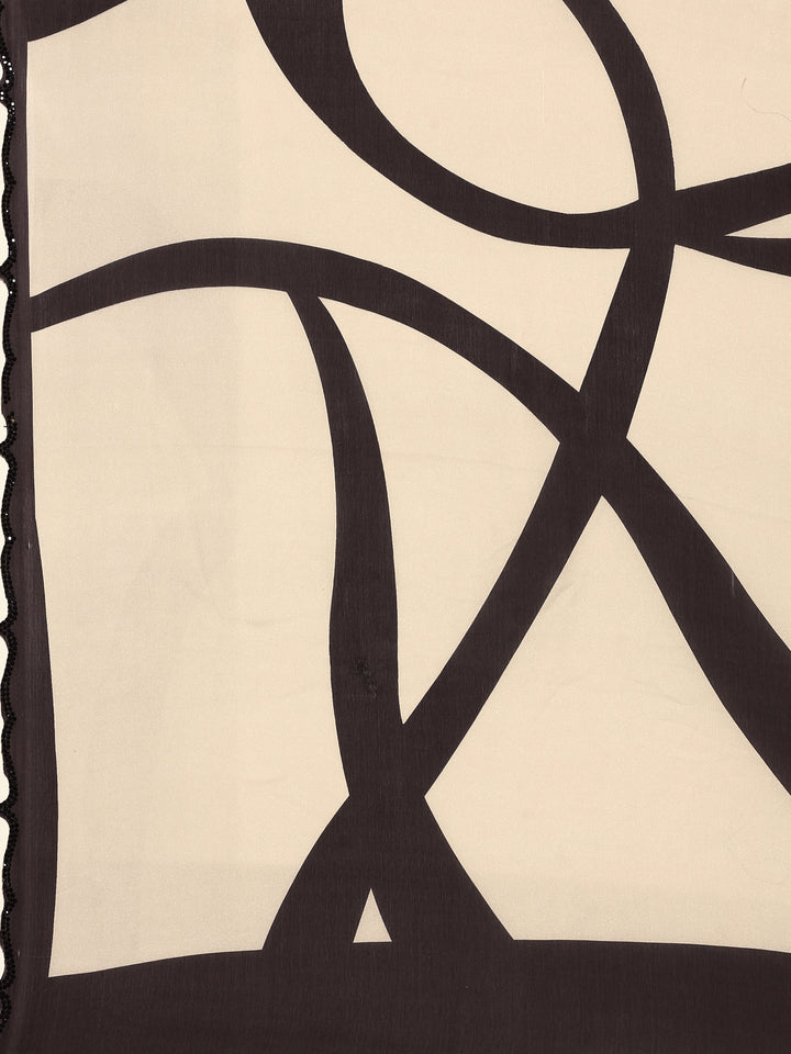 Black & White Printed Satin Saree With Swarovski Embroidery