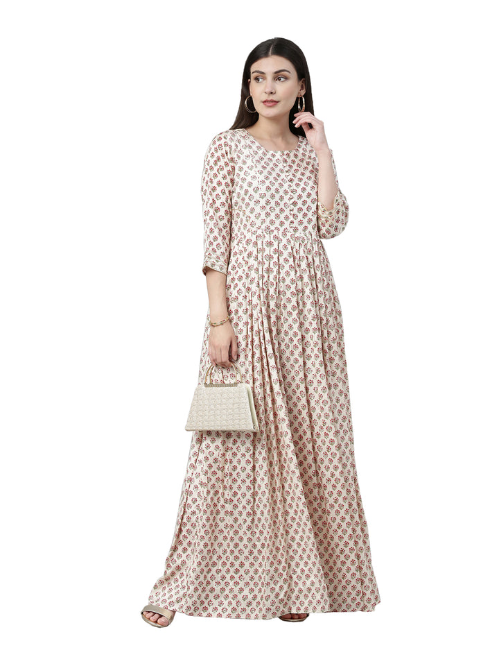 Neerus Women Cream-Coloured Floral Printed Anarkali Kurta