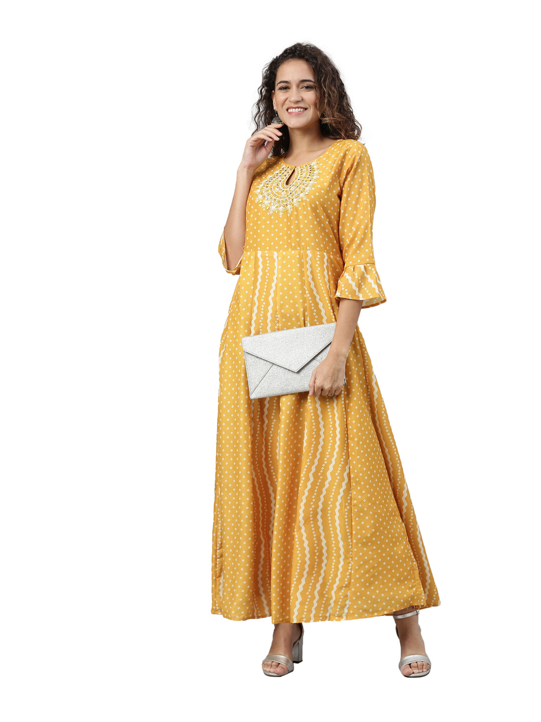 Neerus Yellow striped anarkali kurta - detail view 3