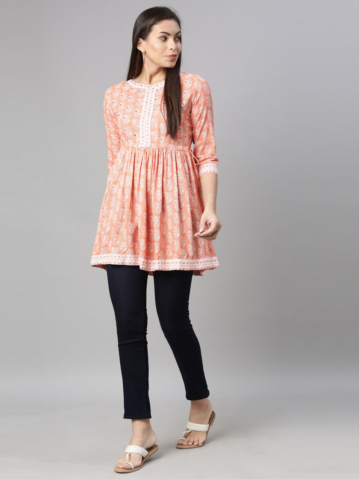Neerus Women Coral  White Floral Printed Sequinned Pleated Kurti