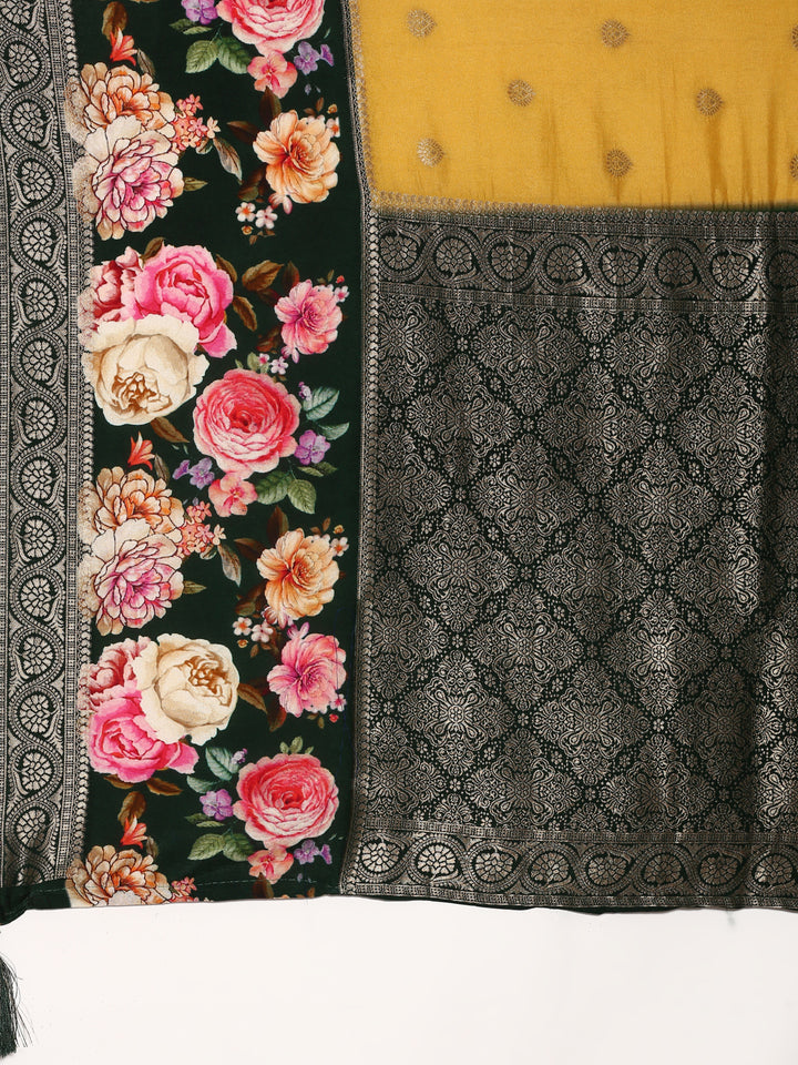 Yellow banarsi saree with floral print & zari border