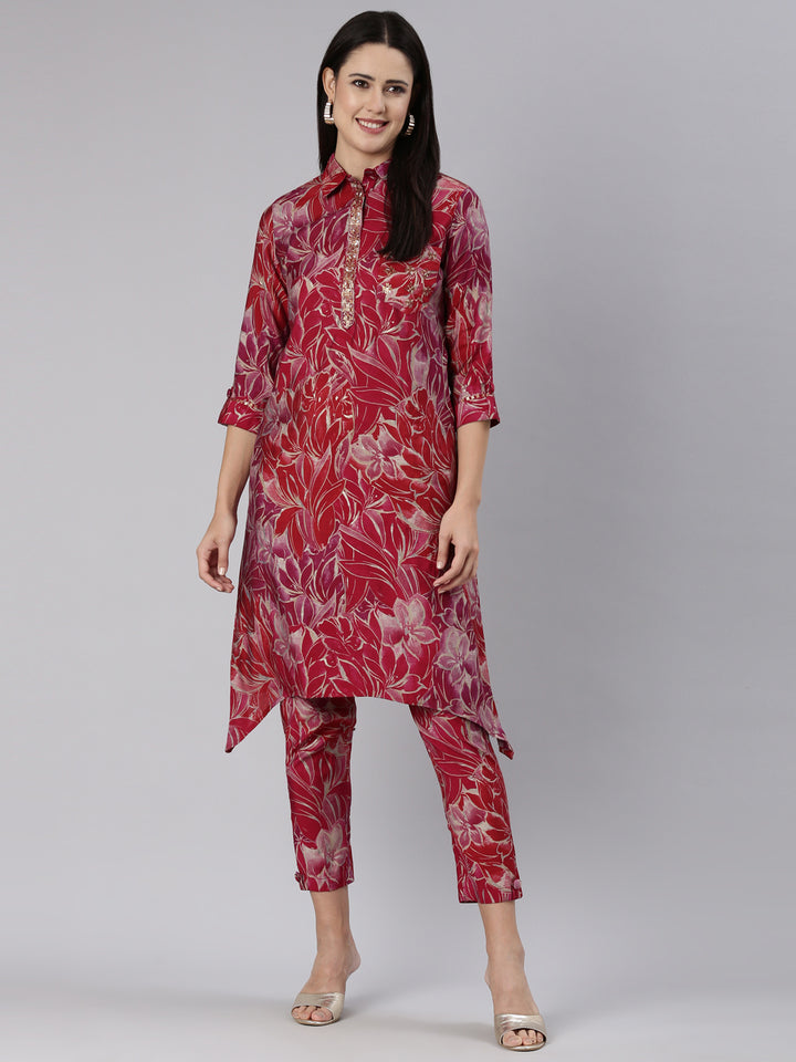 Neerus Red printed straight kurta set with trouser - detail view 2