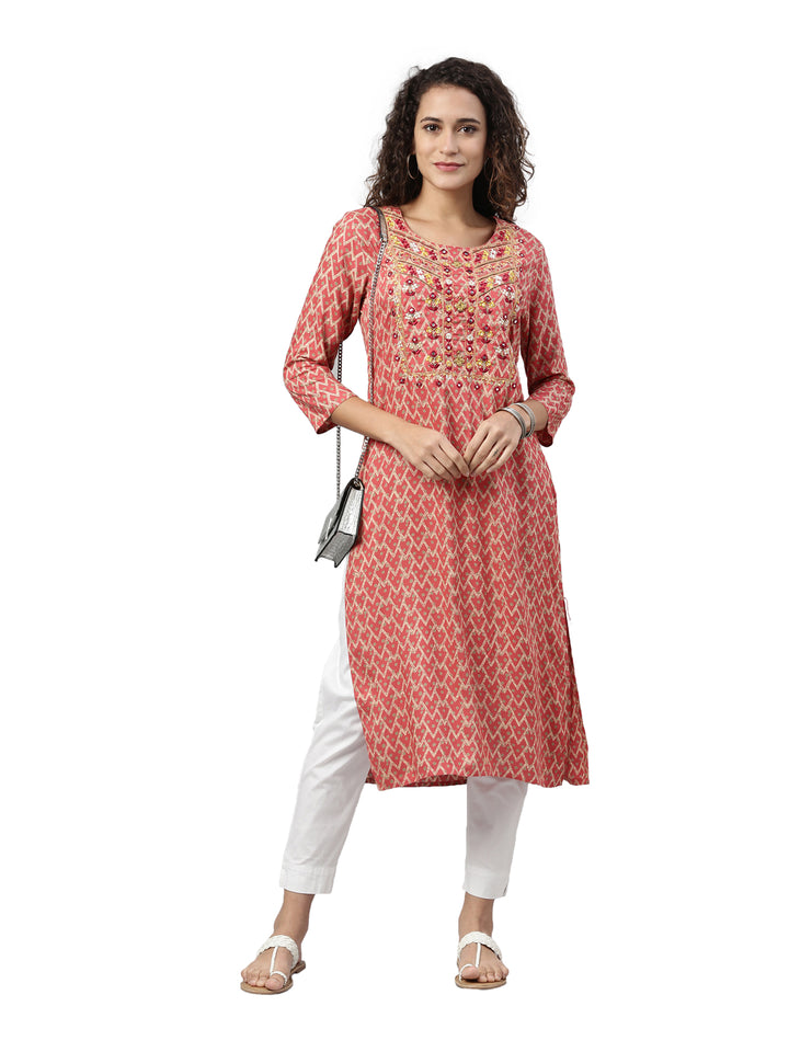 Neerus Women Red Quirky Printed Mirror Work Kurta