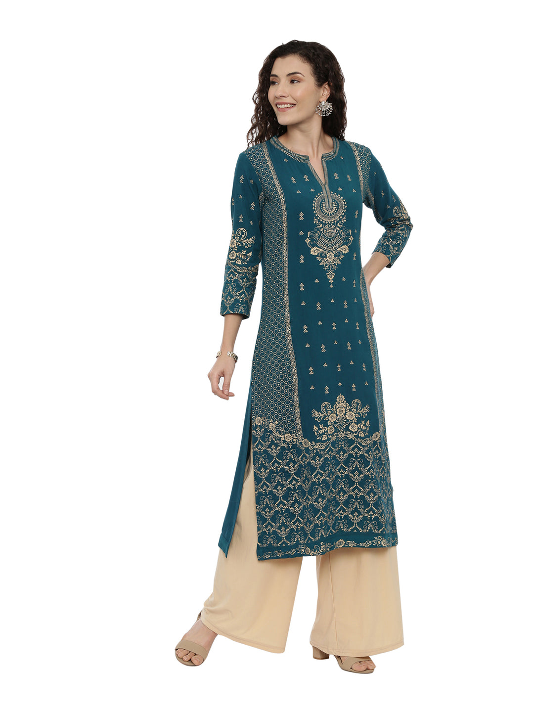 Neerus Green viscose rayon printed kurti - detail view 2