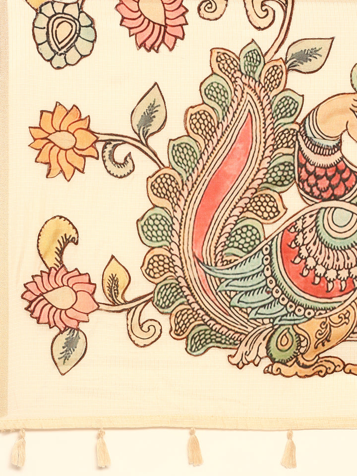 Cream Kota Saree With Kalamkari Appliqué Work On Pallu