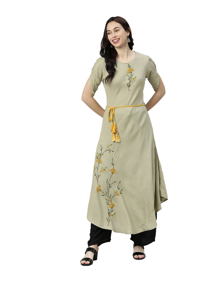 Neerus Women Olive Green Embroidered Thread Work Kurta