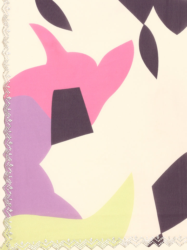 Cream & Purple Printed Satin Saree With Swarovski Embroidery