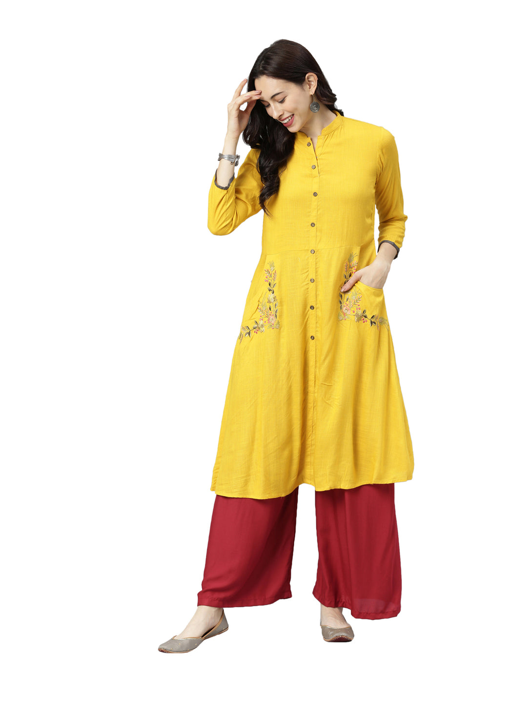 Neerus Yellow cotton solid kurti - detail view 3
