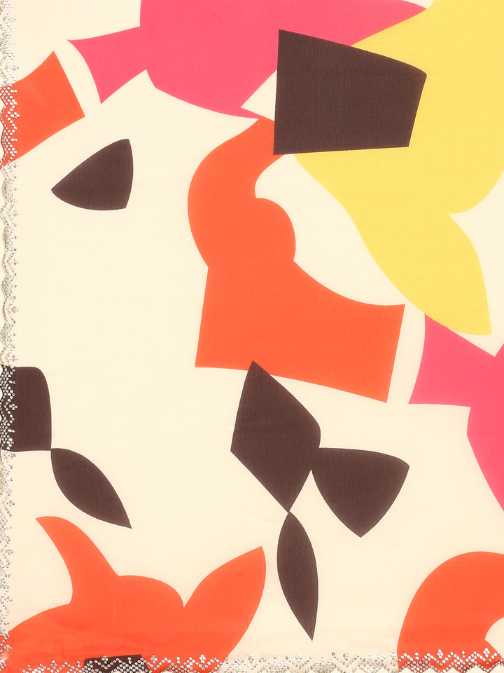 Printed satin saree with Swarovski border