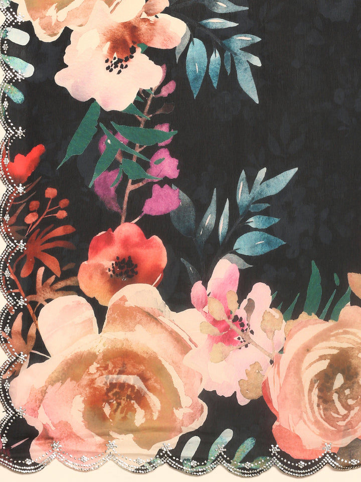 Black Satin Floral Printed Saree With Swarovski Embroidery