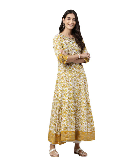 Neerus Women Mustard Yellow  White Ethnic Motifs Printed Anarkali Kurta