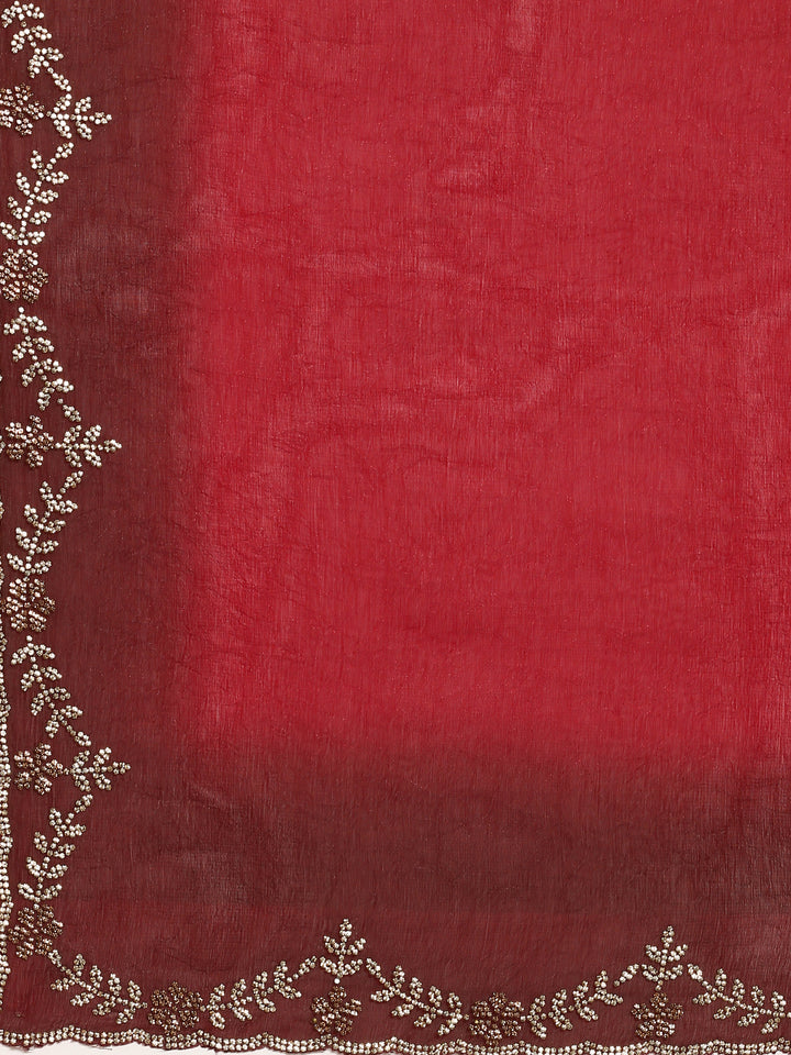 Red Jimmy Tissue Saree With Hand Embroidery