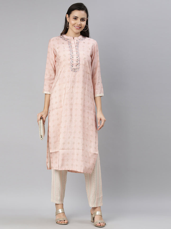 Neerus Women Pink Ethnic Motifs Printed Mirror Work Kurti with Trousers