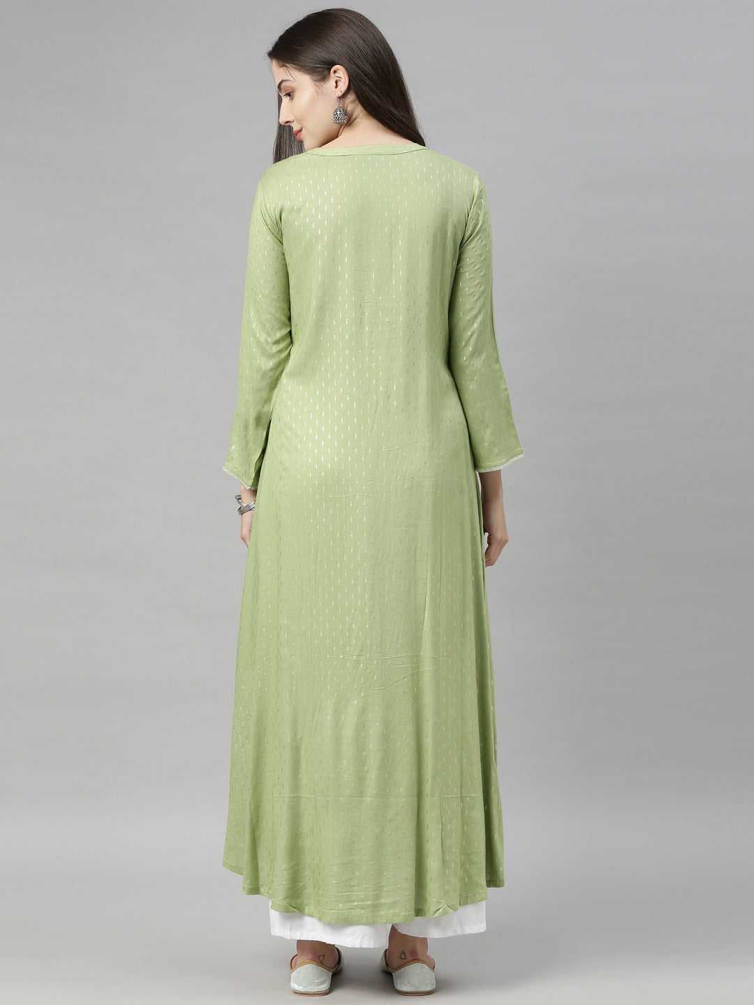 Neerus Green printed ethnic motif A-line high-low kurta - detail view 1