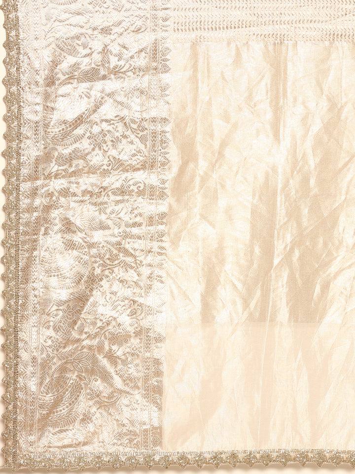 Silver Tissue Saree Silver Zari Allover Work Heavy Green Contrast Blouse Readymade Blouse