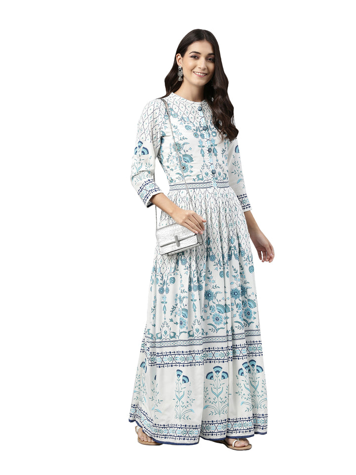 Neerus Women White  Blue Floral Printed Mirror Work Anarkali Kurta